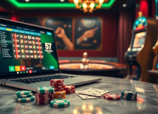 Sbobet platform displaying sports betting interface with luxurious casino elements like poker chips and roulette wheel.