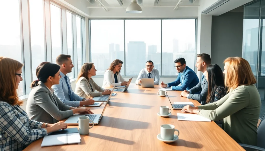 Salespeople collaborating on a platform to connect businesses and salespeople in a modern office.