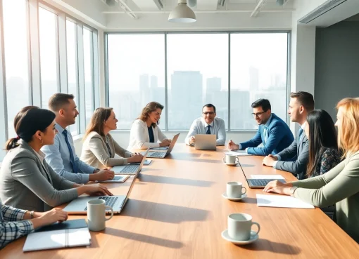 Salespeople collaborating on a platform to connect businesses and salespeople in a modern office.