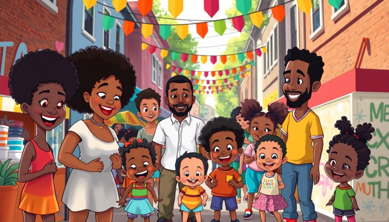A lively neighborhood scene celebrating African American Cartoons with animated characters engaging at a block party.
