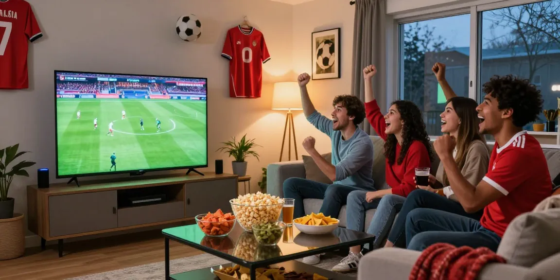 Friends celebrating a live football match on kora tv with snacks and drinks in a vibrant living room